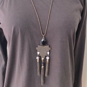 Long Boho gold, black & clear rhinestone, tassel statement necklace in EUC
